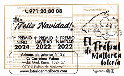 Reverso del d&eacute;cimo 05524 con el sello de la Administraci&oacute;n n&ordm; 38 &laquo;El Tr&eacute;bol de Mallorca&raquo;, en Palma de Mallorca